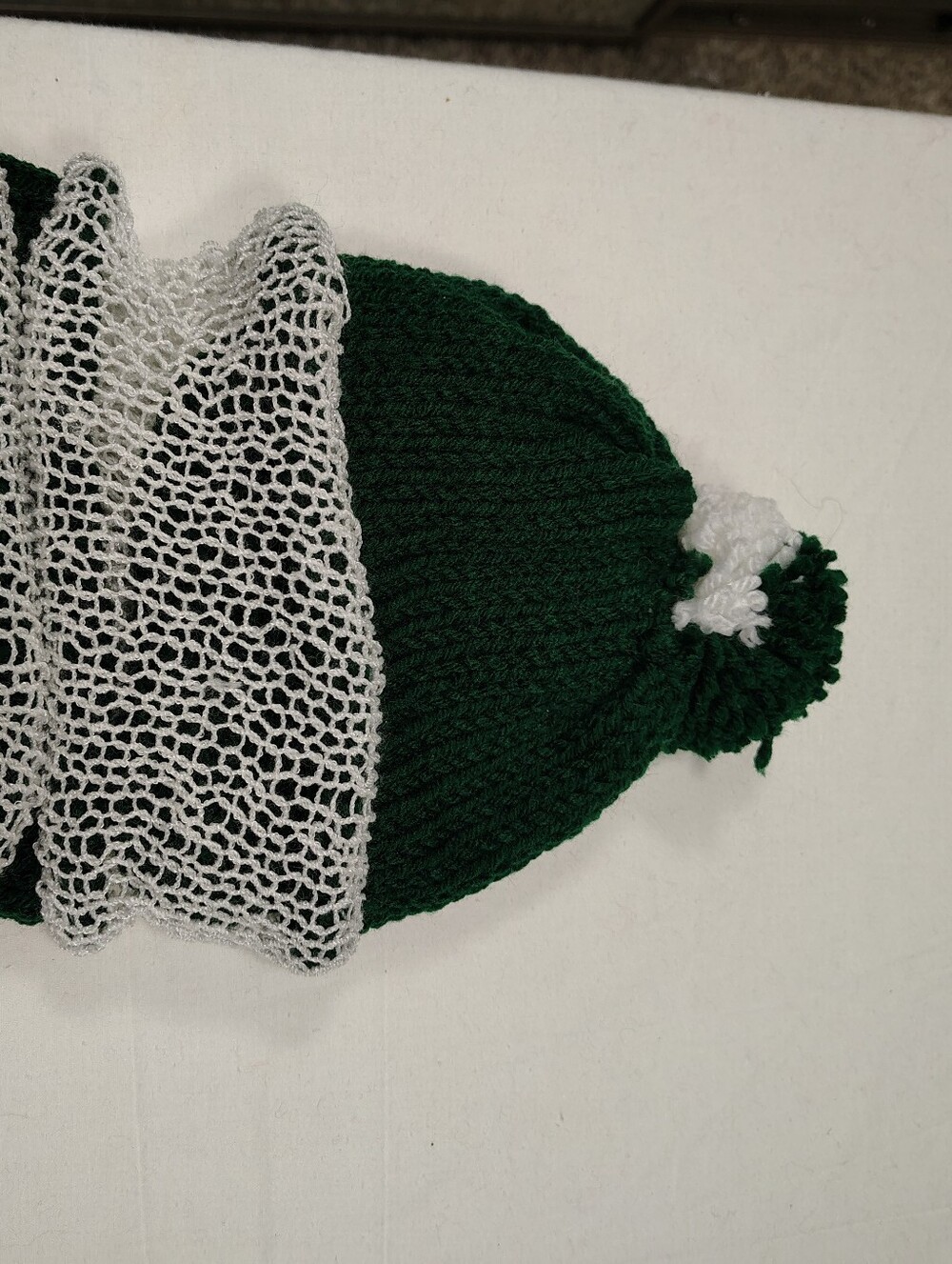 Cozy Green Knit Pom Beanie with White Trim - Women Accessories